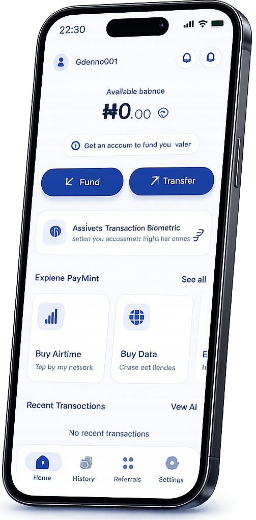 PayMint app on a smartphone showing wallet balance and bill payment options